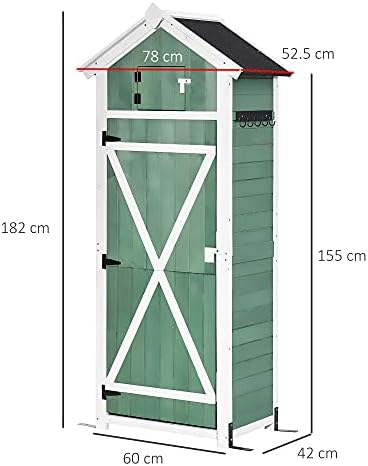 Outsunny Garden Wood Storage Shed with Workstation, Hooks and Ground Nails Multifunction Lockable Sheds & Outdoor Storage Asphalt Roof Tool Organizer, 182 x 78 x 52.5cm, Green
