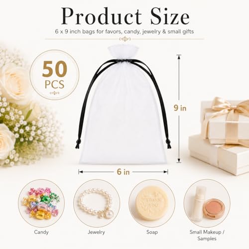 Image of 50PCS White Organza Bags with Black Drawstring 6x9 Inches, Sheer Drawstring Gift Bags Mesh Jewelry Pouches for Wedding Party Favors Candy Jewelry Christmas Goodie Bags, Fruit Protection Netting