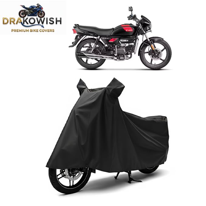 Image of DRAKOWISH Waterproof Bike Cover for Hero Splendor Plus XTEC | All Weather Protection from Rain, Dust, Heat & Scratches with Mirror Pockets & Buckle Belt | Splendor Plus XTEC Bike Cover