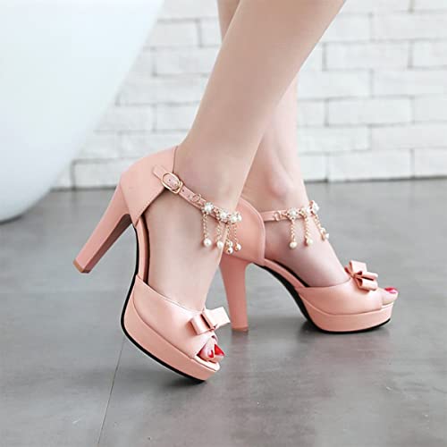 Hello Shero Women Fashion Peep Toe Platform High Chunky Thick Heel Sandals Ankle Strap d’Orsay Pendant Bowknot Dress Shoes Party Event Wedding Prom2