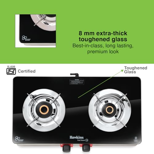 Hawkins Fuel Saver 2 Burner Gas Stove | Long lasting 8mm Toughened Glass Top | LERC designed Pan support for efficient burning of gas | Italian... - Image 6