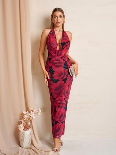 Image of KUTUMAI Women V Neck Long Formal Dress Floral Bodycon Maxi Split Back Dresses Sexy Sequin Evening Cocktail Party Gown