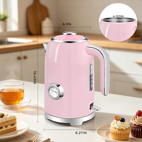 Image of SUSTEAS Electric Kettle - 57oz Hot Tea Water Boiler with Thermometer, 1500W Fast Heating Stainless Steel Pot, Cordless LED Indicator, Auto Shut-Off & Boil Dry Protection, Pink