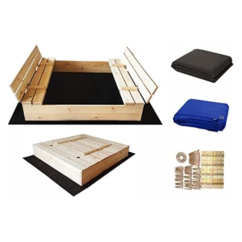 Sandkasten 140x140 cm inkl. Video Anleitung für Montage Premium Sandbox mit Abdeckung Sitzbänken Deckel Plane Sandkiste Holz Sandkastenvlies 150x150 Cover