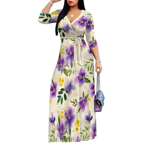 Image of Women Plus Size Long Sleeve V Neck Maxi Dress with Belt | Soft fabric relaxed fit three quarter sleeve v neck with pockets for party and daily wear
