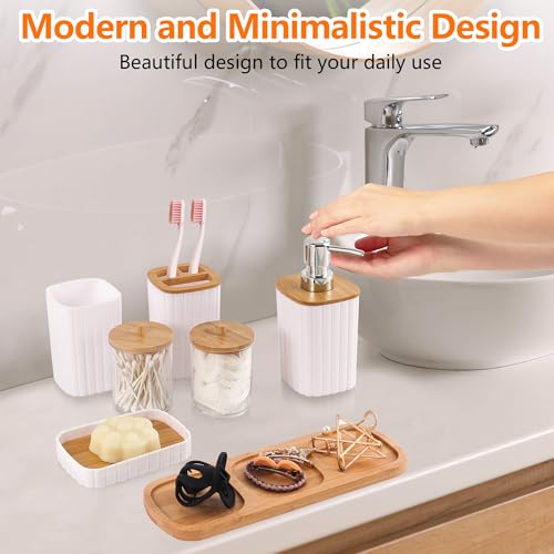 Bathroom Accessory Set,10 Pieces White Bathroom Accessories Set with Trash Can, Tissue Box Cover, Toothbrush Holder, Soap Dispenser, Tumbler, Vanity Tray, Soap Dish, Toilet Brush, Qtip Holder - Image 4