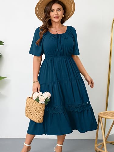 Image of RWJ Women's Plus Size Maxi Dress Short Sleeve Square Neck Flowy A-Line Lace Trim Flutter Party Casual Off Shoulder Dresses