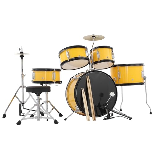 Senfot Drum Set for Musical Instruments, AD-300 Five Piece Drums with Bass Drum, Tom-Tom, Snare, Cymbals, Hi-Tone Drum, Sticks, Base Pedal and Stool, Beginner Set (Yellow, 5-Piece)