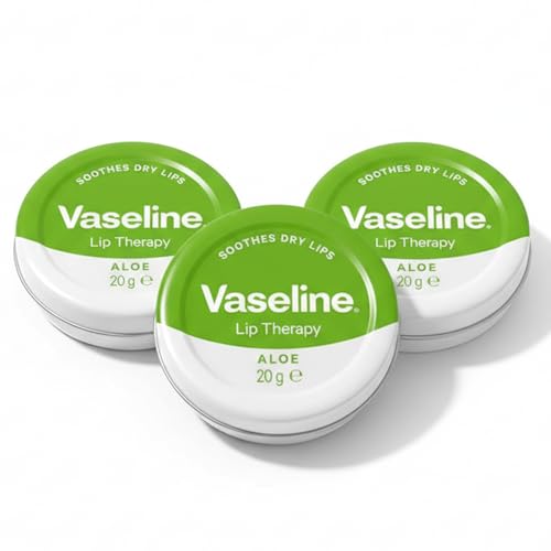 3 x Vaseline Lip Balm Aloe Vera Tin 20g : Petroleum Jelly Moisturiser for Dry Lips Cracked Skin Chapped Lips Hydration Protection Soothing Lip Care with Aloe Vera Extract Travel Size Pocket Lip Soften