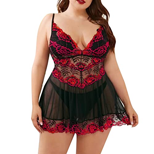 Generisch Femmes Grande Taille Lingerie Dentelle Chemise Sexy Mesh Vêtements de Nuit en V Profond...