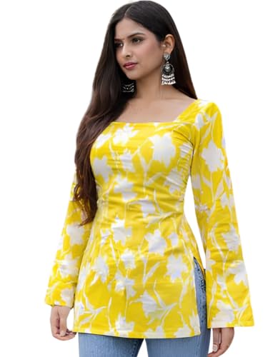 Image of Rayon Floral Print Short Kurti for Women | Square Neck Long Sleeve Top for Women | Criss Cross Back Desing Kurti | Soft Breathable Fabric | Relaxed Fit | Casual and Office Wear