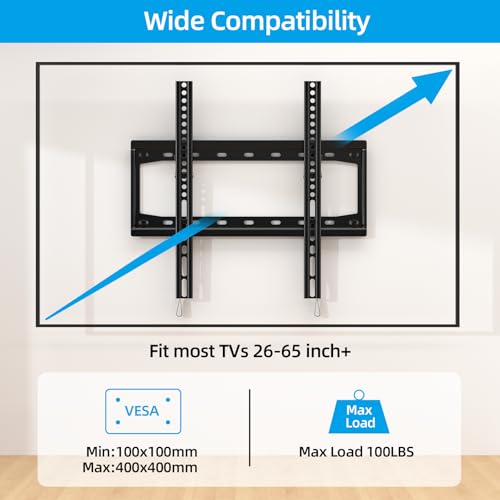 Image of HOME VISION Tilt TV Wall Mount for Most 26-65 Inch Flat /Curved Screen | Max VESA 400x400mm, Holds up to 100 lbs, Fits 8-16 inch Wood Studs, Universal Low Profile TV Bracket, Space Saving HV9401
