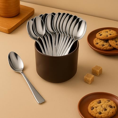 Image of 12 Stainless Steel Spoons Set, Dinner Spoon Length 16cm, Food Grade Silverware for Home & Kitchen- Mirror Polished, 12 Silver Spoons (12 pcs Stainless Spoon)