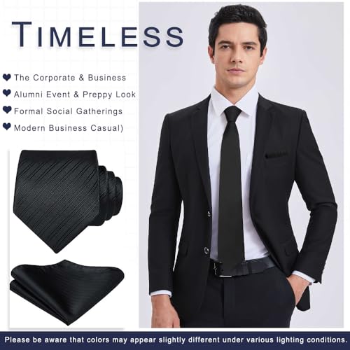 Image of HISDERN Mens Striped Tie and Pocket Square Set Necktie for Men | soft smooth texture, wrinkle-free, neat hand-tied knot, gifting ready, regular 3.4 width, coordinated look, business wedding