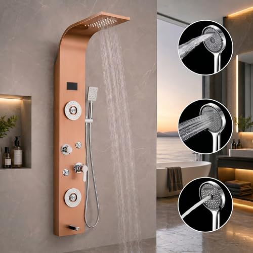 Image of Stainless Steel 304 Grade Shower Panel 8in1+ Extra Large 3Ways Hand Shower With LED Rainfall Waterfall 2Body Massage 4Mist Spray Temperature Display Shower Panel (Rose Gold)