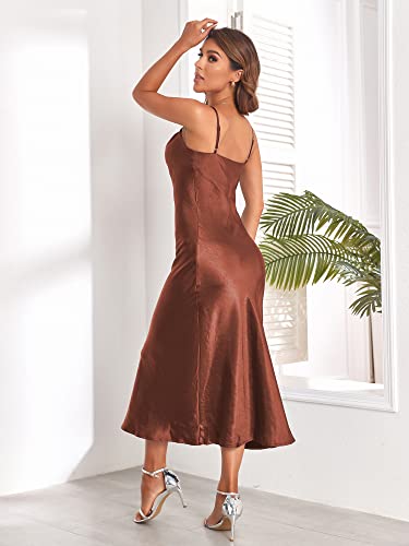 Image of Women's Spaghetti Strap Midi Satin Silk Dresses Slip Cowl Neck Party Cocktail Evening Sexy Dress