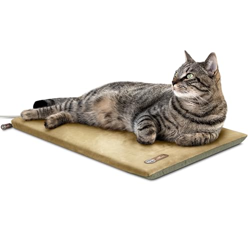 K&H Pet Products Heated Cat Bed Pad for Indoor Cats, Thermo-Kitty Mat Calming Warm Pet Heating Pad for Inside Pets, Machine Washable, Waterproof Heater, Safety Listed - 12.5 X 25in Sage/Tan