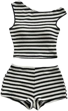 Verdusa Women's 2 Piece Striped Set Off Shoulder Tops and Shorts ...