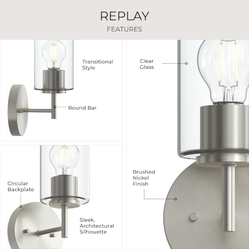 Image of Progress Lighting Replay 5.125 Inch 1-Light Vanity Light, Transitional, Brushed Nickel with Clear Glass Shade, (9.75 inch H x 5.125 inch W x 5.875 inch D), P300581-009