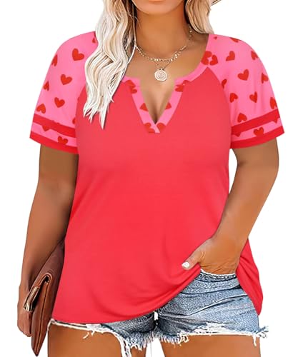 Image of CARCOS Plus Size Tops for Women Short Sleeve Summer Pullover Color Block Crewneck /V Neck Tee Tunic Loose Fit Tshirts XL-5XL