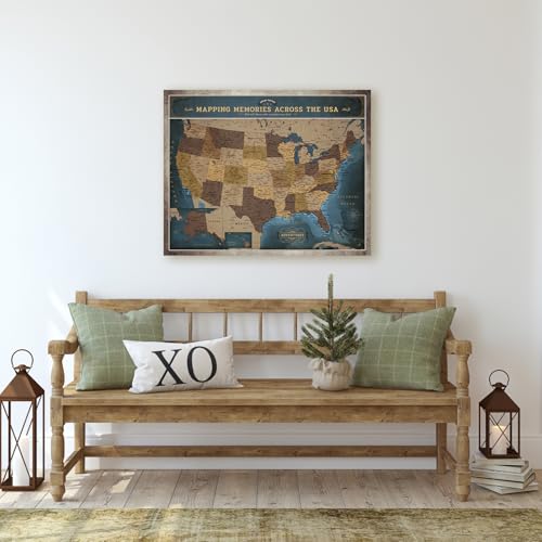 Image of DECORARTS - USA Push Pin Travel Map, Vintage Explorer-Style Canvas Wall Art in Blue, Archival Giclee Print, Hand-Stretched Canvas, Living Room & Office Wall Decor, for Travelers, Made in USA, 20x16''