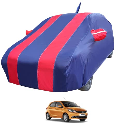 Image of Auto Hub Car Cover Compatible with Tata Tiago with Front Antenna & Mirror Pocket, Water Resistant, Triple Stitched, Tiago Car Cover- Navy-Red