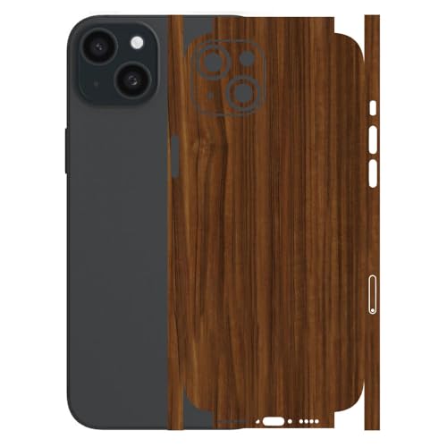 Image of AtOdds - Full Body Back Screen Guard Protector Film - Wooden Textured Lamination Wrap Skin Sticker for iPhone 15 Plus | Scratchproof Matte Finish (Design - Ebony Wood)