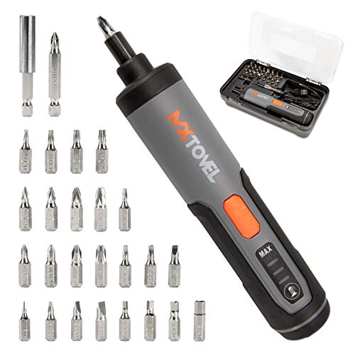 MXTOVEL Rechargeable 4V Cordless Screwdriver includes 24pcs 25mm bits, 1pc 50mm bit, 1pc bit holder, USB Charging Cable, Tool Box, with LED Light and Battery Indicator-YS06