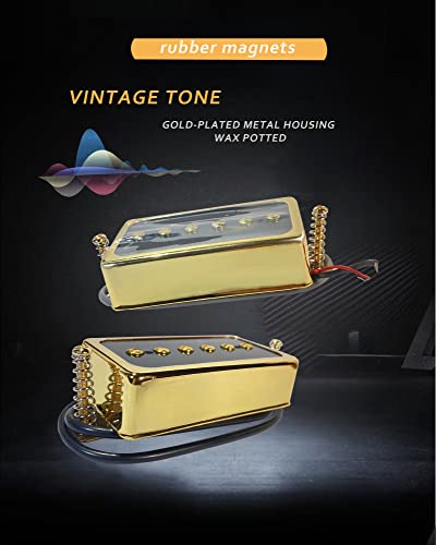 Lamsam P90 Tone Pickups Set, Humbucker-Sized Single Coil Neck Pick-Up And Bridge Pick Up Loaded Rubber Magnets, As Replacement Parts For Standard-Humbucker Sized Pickup On Electric Guitar, Black Gold #TOP2