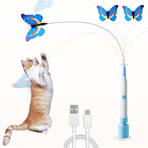 Yaruiguang Electric Butterfly Cat Wand for Indoor Cats 360 Spinning Self-Play with 2 Modes & Tap-to-Awake Rechargeable Cleanable Suction Base 3 Butterfly Refills Interactive Cat Toy (A-Blue)