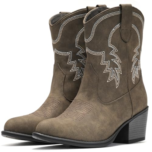 Image of IXU Cowboy Boots for Women Ankle Cowgirl Booties Wide Mid Calf Pointed Toe Western Boots Short Chunky Classic Booties