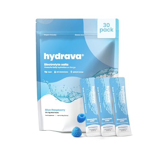 Hydrava Electrolyte Sachets | 30 Pack | Sugar Free Electrolytes with Sodium Magnesium Vitamin C & More | Rehydration Powder with All Natural Flavours and Zero Sugar | Blue Raspberry