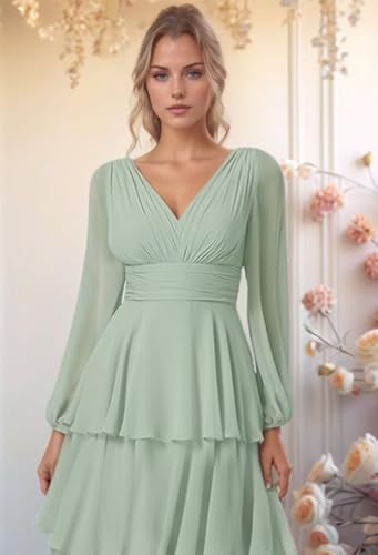 ALFEICE Women's Long Sleeve Tiered Bridesmaid Dresses 2025 V Neck Chiffon Long Formal Wedding Guest Dress4