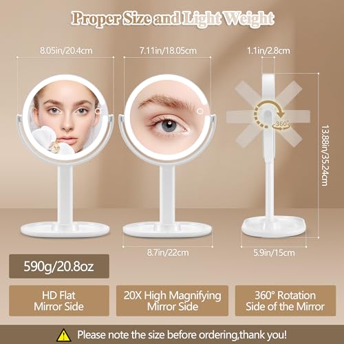 Illuminated Double-Sided Makeup Mirror with 1x/20x Magnification, Adjustable Brightness, 3 Light Colors, 360° Rotation, Rechargeable, with Tweezer (White)