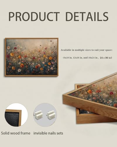 Image of KISSFOX Vintage Framed Wall Art Decor Rustic Wildflower Field Pictures Wall Decor Colorful Daisy Flower Paintings Botanical Canvas Art Prints Modern Farmhouse Artwork For Bedroom Kitchen Living Room