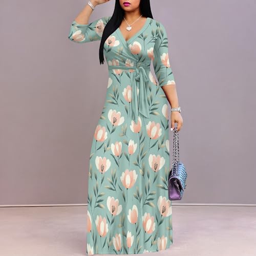 Image of PinkPatty Plus Size Maxi Dress for Women Casual V Neck 3 /4 Sleeve Boho Printed Long Dress with Pockets