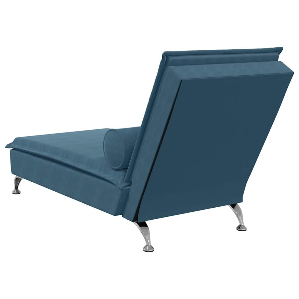 Szezlong do masażu z rolką pod kark, niebieski aksamit, 136,5 x 56 x 75 cm, obciążenie 110 kg, z kablem USB, idealny jako fotel do leżenia, leżak relaksacyjny, otomana do salonu, sypialni i
