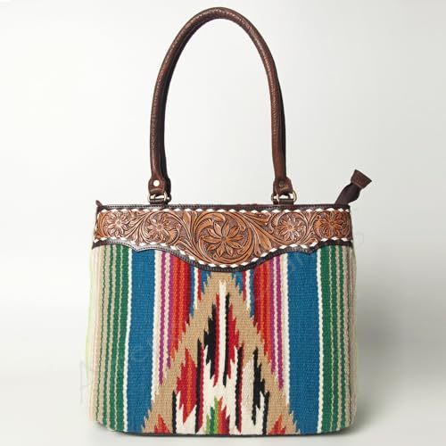 Bolso Tote de Cuero y Manta Tejida Floral Genuine Leather miniatura 2