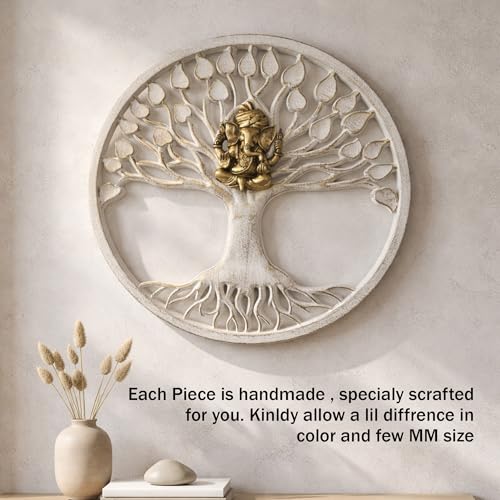 Image of Art Street Ganesha Wall Plaque with Tree of Life Design, MDF Round Plaque, White and Gold Decor, Laser-Cut Lord Ganesha Idol for Pooja Room, Living Room, or Office, Spiritual Home Decor, 40x40 cm