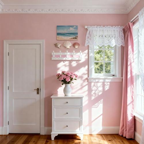 Image of SKOLOO Coastal Wall Mounted Coat Rack - 16-7 /8 inch Beach House Entryway Wooden Coat Hook with 5 Hooks for Hanging Coats, Hats or Towels, Oceanfront Cottage Core Collection, White & Palm Beach Pink