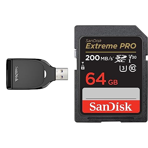 SanDisk SD UHS-I Card Reader, Black & Extreme PRO SDXC UHS-I Speicherkarte 64 GB (V30, Übertragungsgeschwindigkeit 200 MB/s, U3, 4K UHD Videos, SanDisk QuickFlow-Technologie, temperaturbeständig)