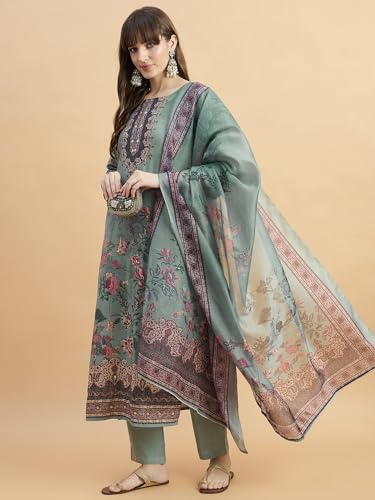 Image of SheWill Kurta Sets for Women - Red Rayon Aari Hand Work with Digital Floral Print Kurta with Pant and Chanderi Dupatta |Stylish Printed Summer Kurti Set