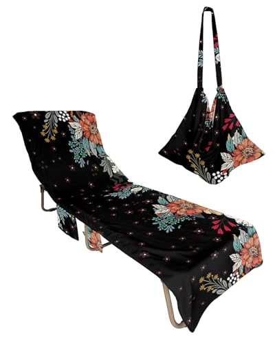 Spring Floral Beach Lounge Chair Towel Cover, Soft Chaise Lounge Towel with Side Pockets Patio Pool Chairs Cover for Beach/Pool Sunbathing 29x85 Boho Ethnic Summer Botanical Flowers Black