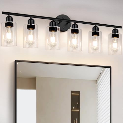 Image of 6 Lights Bathroom Vanity Light Fixtures Matte Black,Rustic Farmhouse Vanity Lighting Over Mirror Modern Industrial Lamp with Cylinder Glass Shade UL Certified