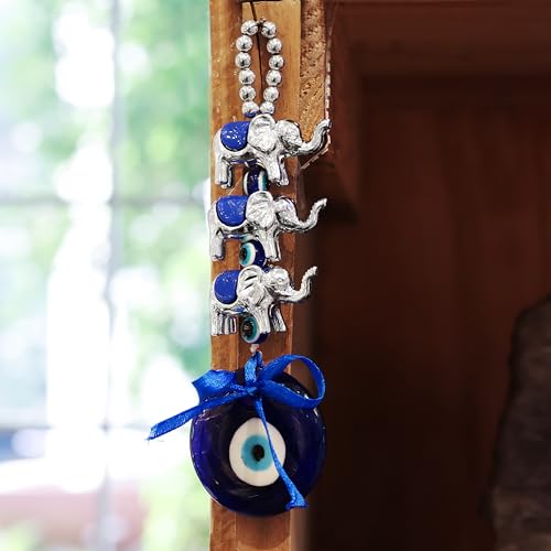 Image of 3 Elephant Evil Eye Wall Hanging for Home Entrance | Nazar Battu Vastu Hanging Decor | Protection Charm for Positive Energy, Good Luck & Spiritual Gifting