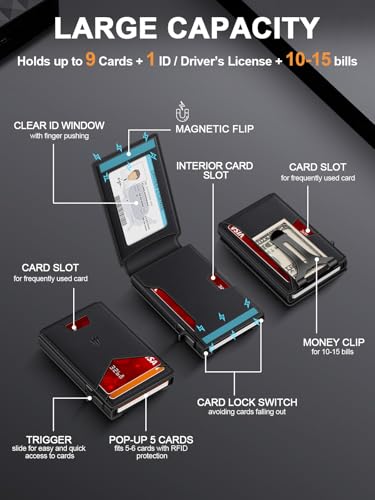 Image of Wallet for Men, Slim Minimalist Wallet with Money Clip＆ID Window, RFID Blocking Pop-Up Credit Card Holder, Smart Auminum Mens Wallet Holds 9-13 Cards (Gift Box) (Black)