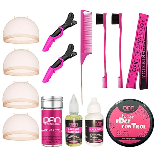 DAN Technology Wig Installation Kit - Wig Glue, Remover, Hair Wax Stick, Edge Control, Cap, Comb, Lace Melting Band, Edge Brush, Alligator Clips