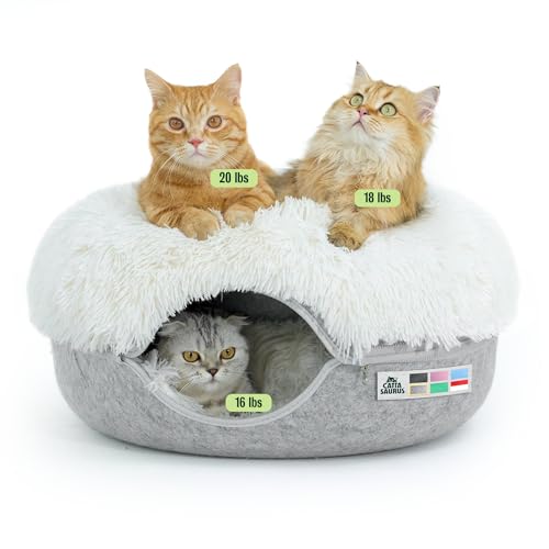 Image of CATTASAURUS Peekaboo Cat Cave for Multiple & Large Cats Up to 30-45 Lbs, Fluffy Cat Beds for Indoor Cats, Scratch Detachable & Washable Tunnel Bed, Comfy Donut Cave (Light Gray, Large (Calming))