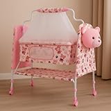 PANDAORIGINALS New Born Baby Swing Baby Cradle Baby Crib Jhula with Mattress Pillow Adjustable Height and Mosquito Net Bassinet & Wheels (Panda Pink)
