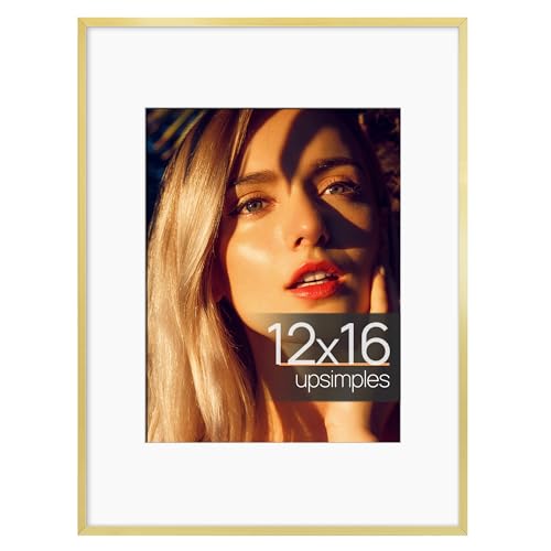 upsimples Aluminum 12x16 Picture Frame Gold Display Photo 8.5x11 with Mat or 12 x 16 without Mat Wall Hanging Metal Poster Frame with Acrylic Cover 1 Pack